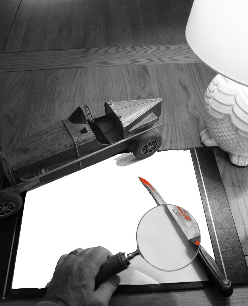 mystery, crime, danger, detective, investigation, knife, murder, criminal, police, scene, homicide, book cover, aggression, investigator, blade, weapon, hand, evidence, violent, magnifying glass, lens, sleuth, inspect, find, solve, gray book, gray books, gray police, gray zoom, gray glass, gray glasses, gray blood